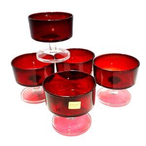 Luminarc 5 Cavalier Sherbets Bowls Ruby Red Glass Clear Stems Crystal d'Arques